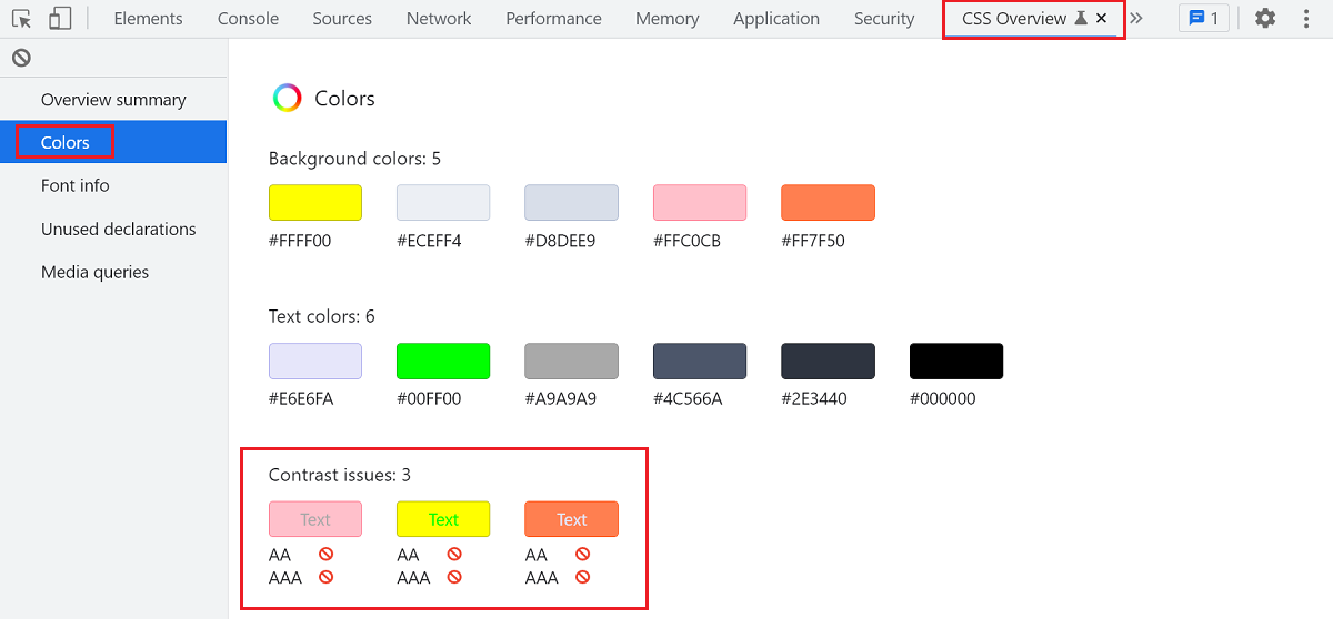 The CSS Overview panel in Chrome, showing the color contrast issues section.
