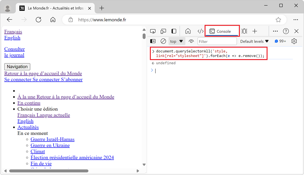 Edge showing a website with no CSS styles. The Console tool is opened on the side, and shows that the expression to remove all stylesheets was run