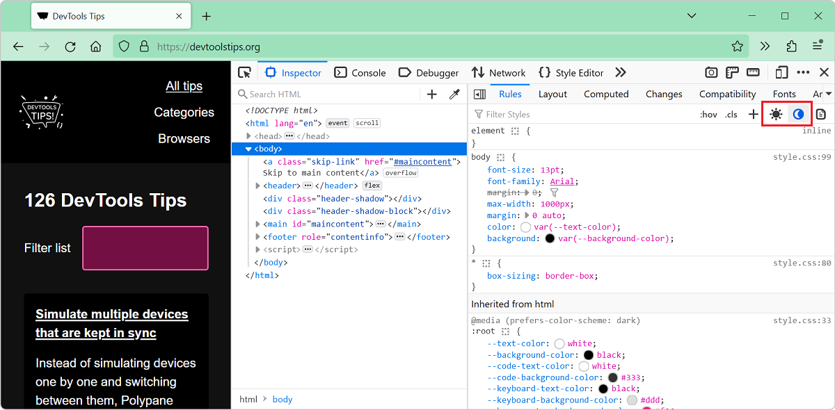 Firefox, with DevTools open, showing the Inspector tool, with the color scheme buttons