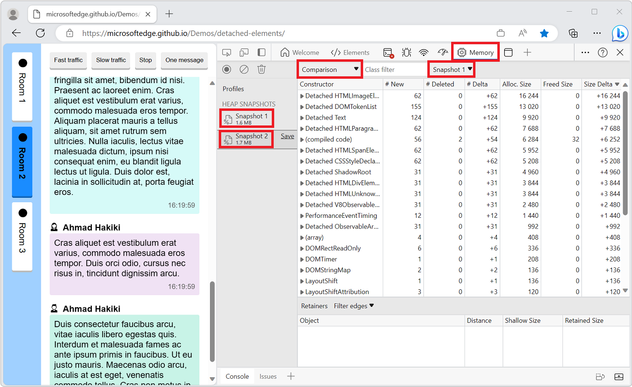 Microsoft Edge, with a demo webpage, and DevTools on the side with the Memory tool showing 2 snapshots have been recorded