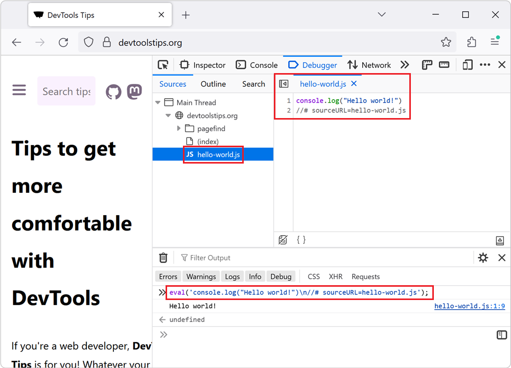 Firefox DevTools, the sourceURL pragma was used when evaluating some code in the Console, and a new file now appears in the Debugger tool, named after the string provided in the sourceURL pragma